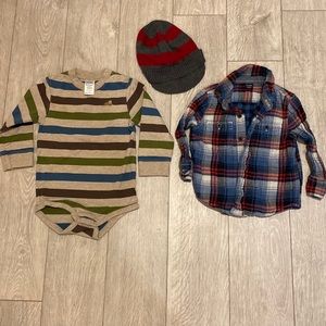 18-24 mo set! long sleeve onesie, baby gap plaid shirt and beanie! All so cute!
